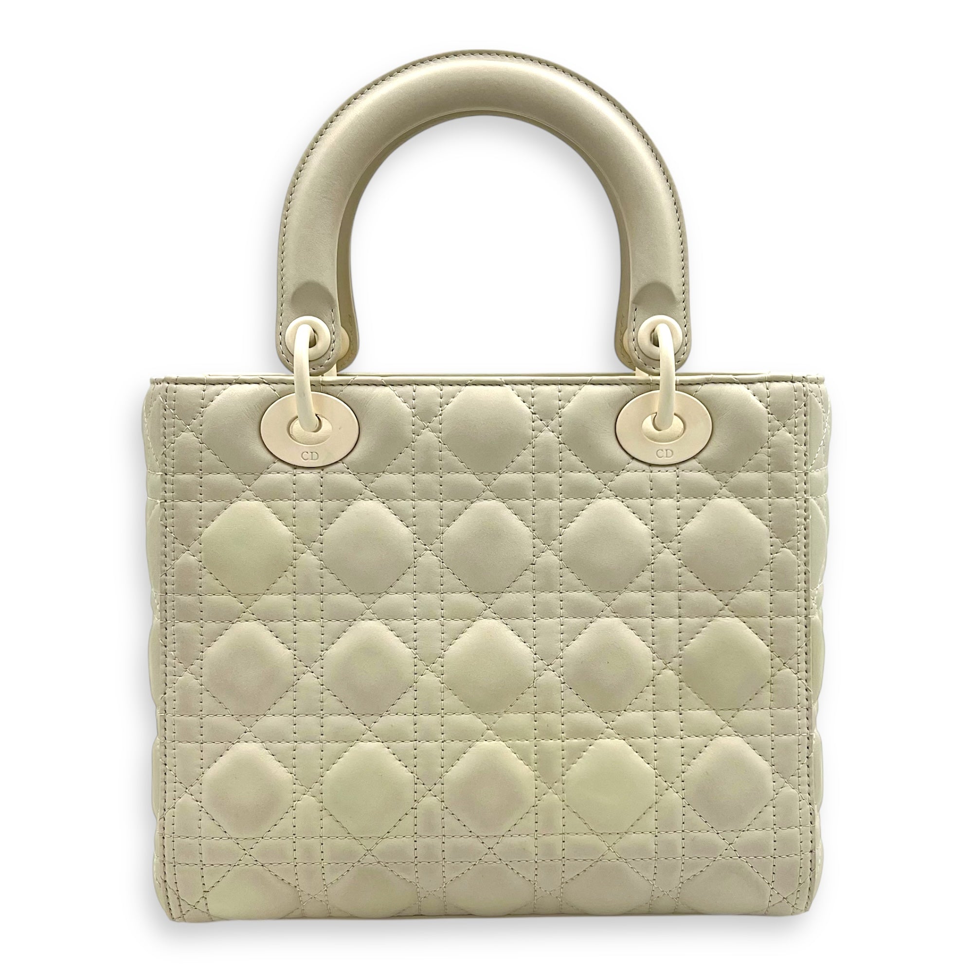 Lady Dior Top Handle Bag Medium White in Lambskin, Ultramatte hardware - Image 3