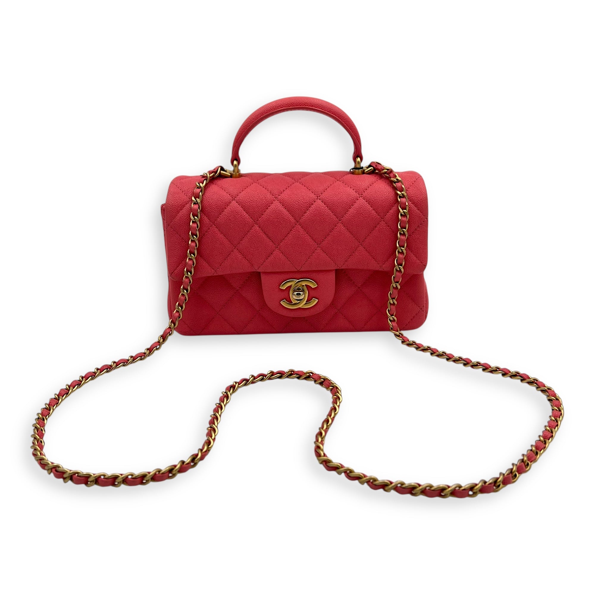 Rectangle Flap Mini Pink Top Handle Bag in Caviar Leather, Brushed Gold hardware - Image 11