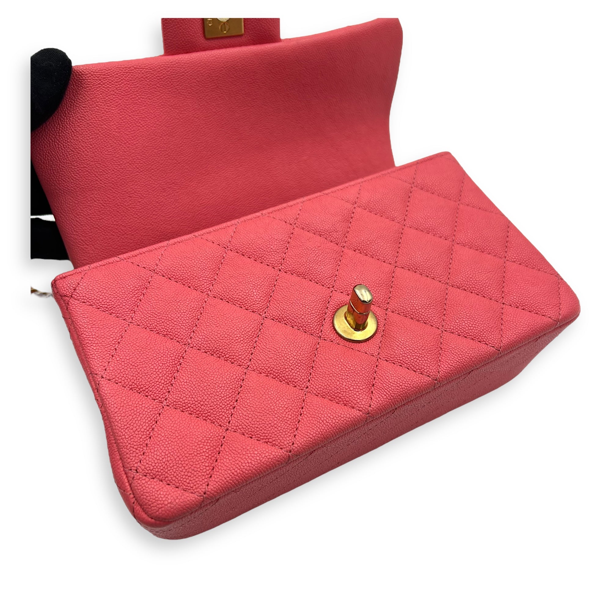 Rectangle Flap Mini Pink Top Handle Bag in Caviar Leather, Brushed Gold hardware - Image 14