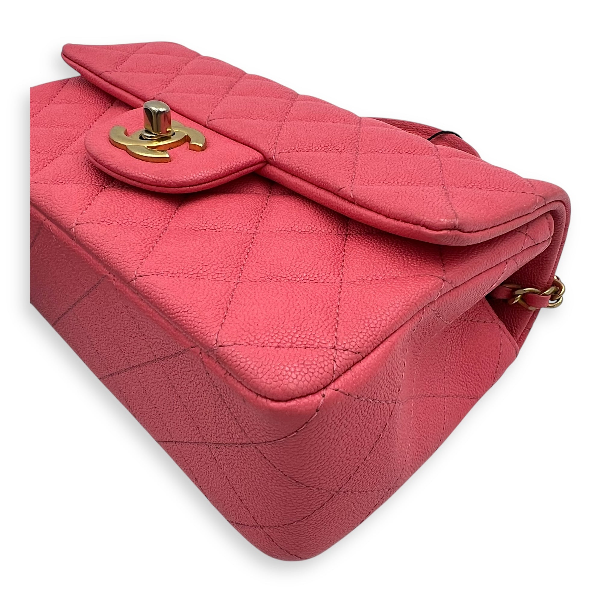 Rectangle Flap Mini Pink Top Handle Bag in Caviar Leather, Brushed Gold hardware - Image 15