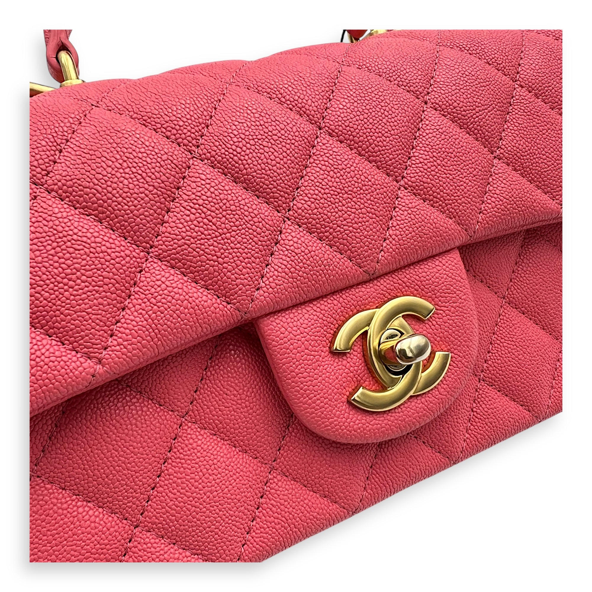 Rectangle Flap Mini Pink Top Handle Bag in Caviar Leather, Brushed Gold hardware - Image 8
