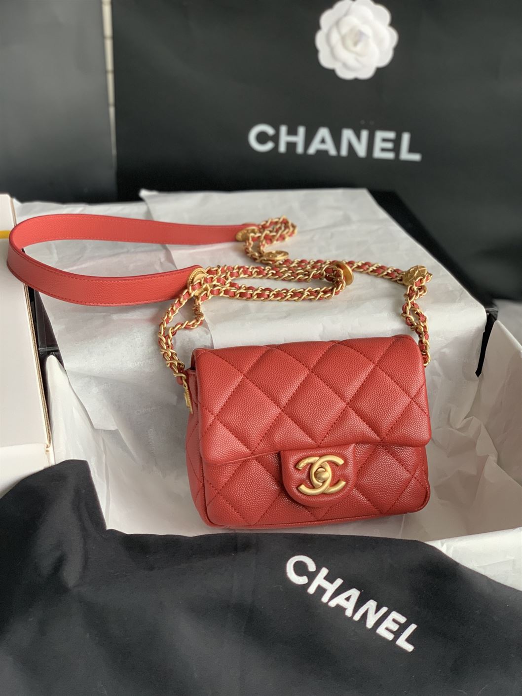 Chanel Mini Flap Bag Red Shiny Calfskin - Image 8