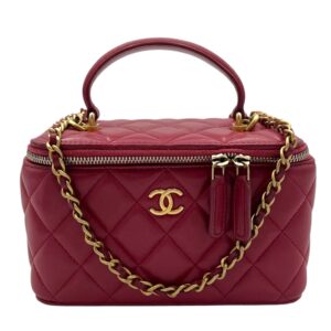 Classic Vanity Small Red Top Handle Bag in Lambskin, Gold hardware