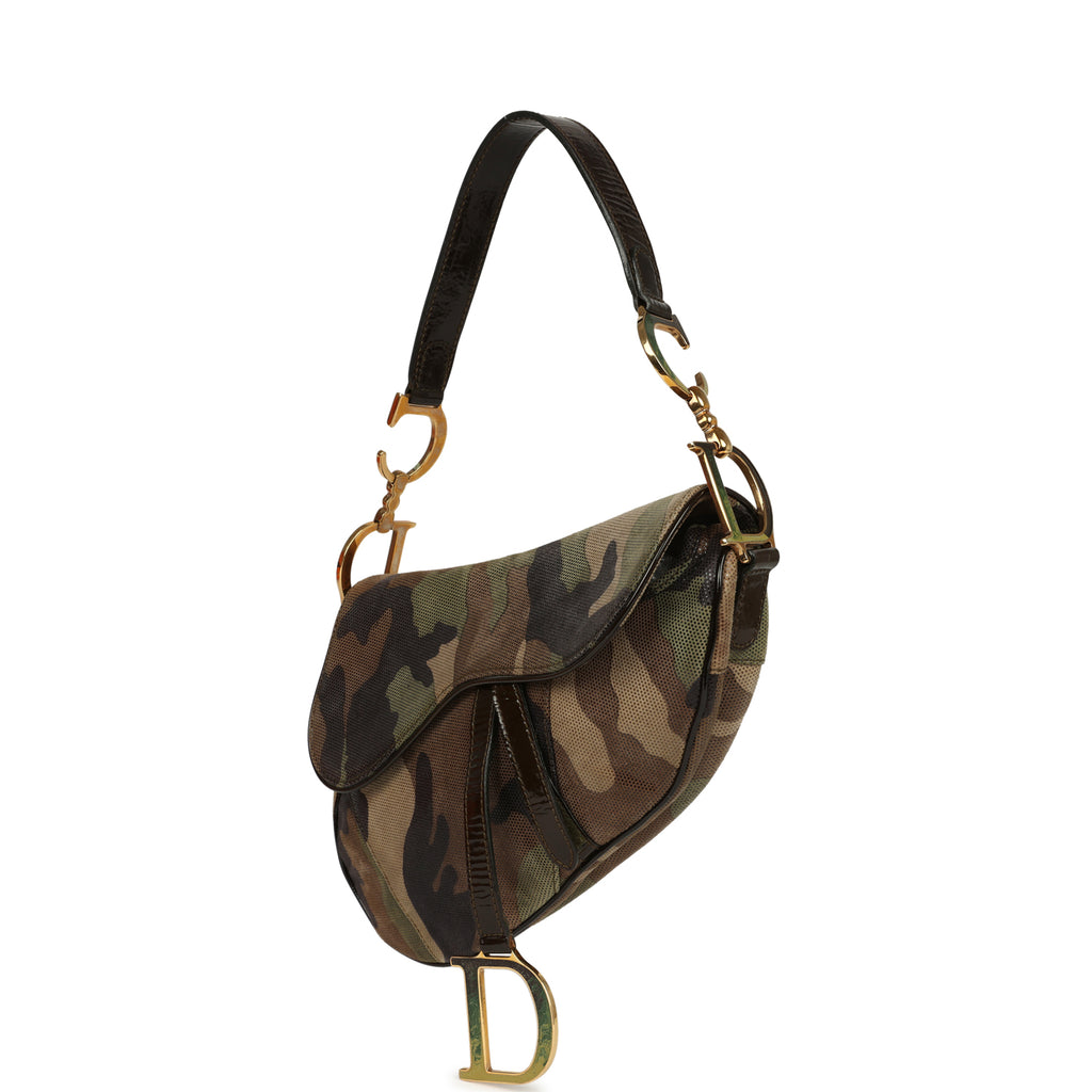 Vintage Christian Dior Camouflage Saddle Bag Green and Brown Suede Gold Hardware - Image 3