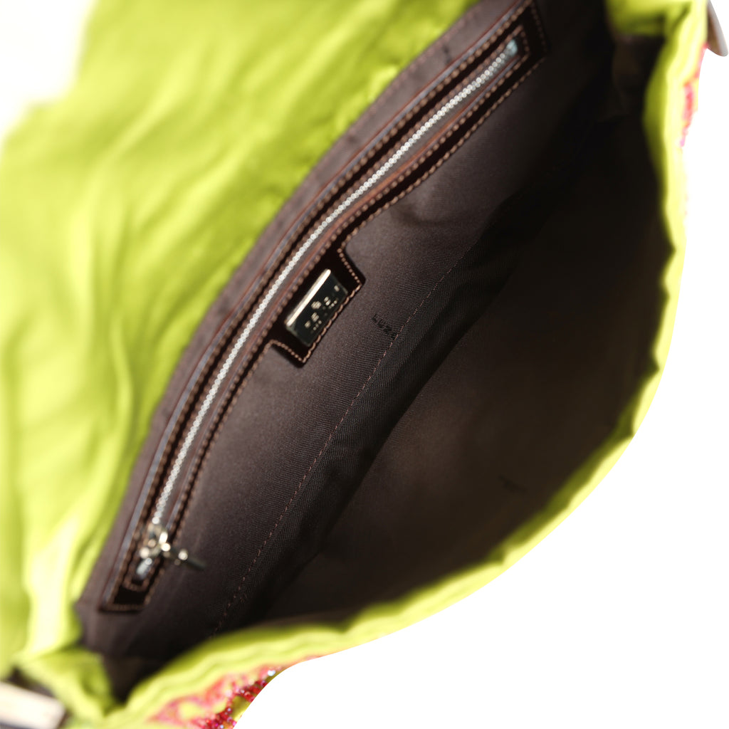 Vintage Fendi Baguette Bag Green and Red Beaded Satin Orange Python Silver Hardware - Image 8