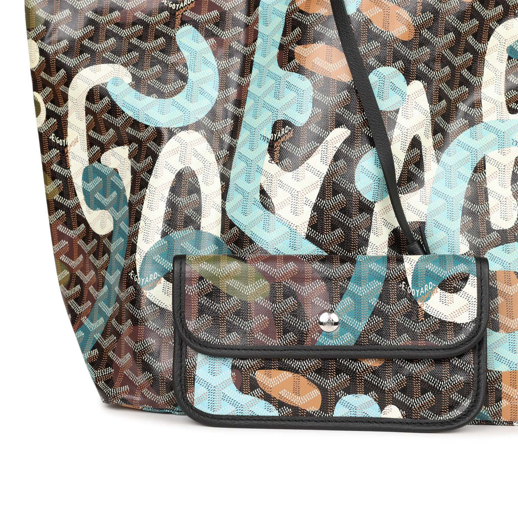 Goyard Limited Edition Black Goyardine Canvas Blue Lettres Camouflage Saint Louis GM Tote Bag Palladium Hardware - Image 6