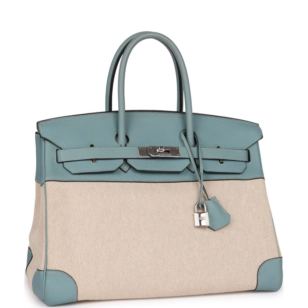 Pre-owned Hermes Birkin 35 Ciel Clemence and Ecru-Beige Toile H Palladium Hardware - Image 3
