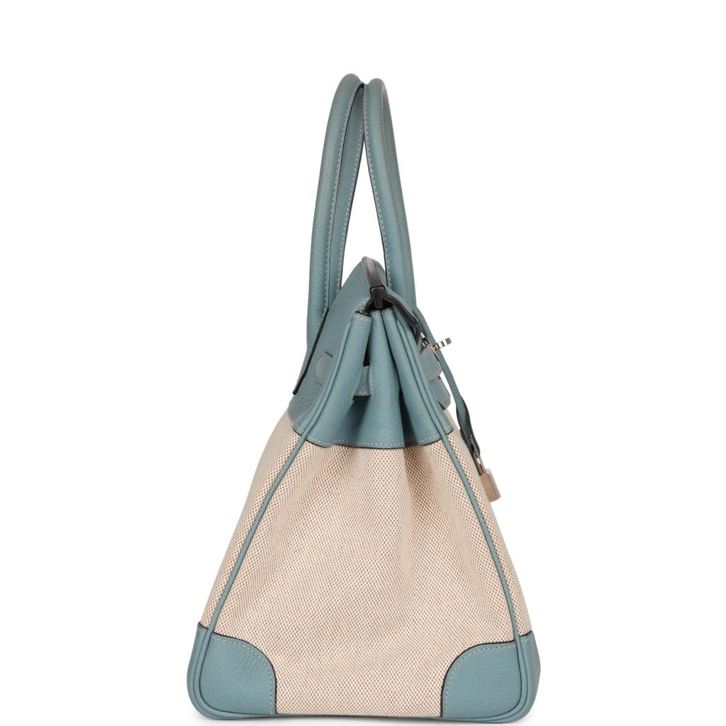 Pre-owned Hermes Birkin 35 Ciel Clemence and Ecru-Beige Toile H Palladium Hardware - Image 4
