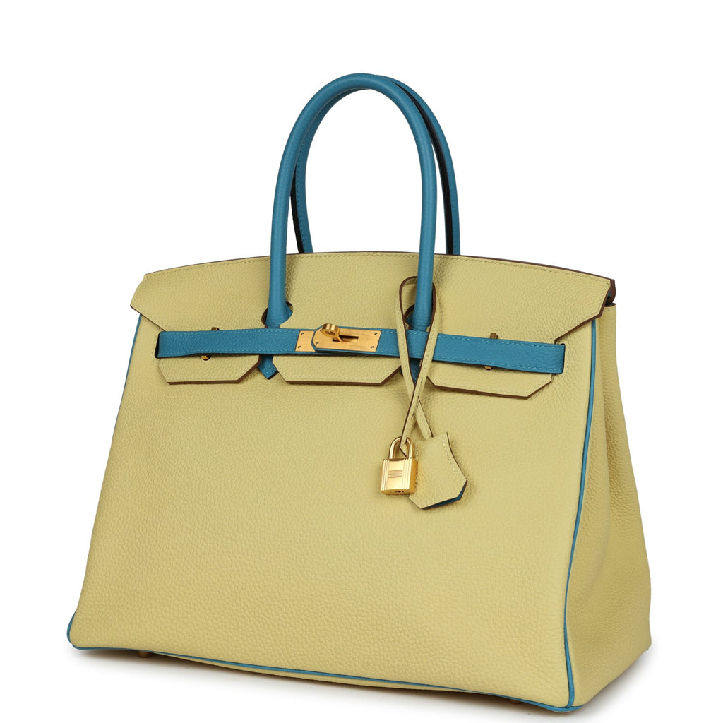 Pre-owned Hermes Special Order (HSS) Birkin 35 Jaune Poussin and Bleu Paradise Togo Brushed Gold Hardware - Image 6