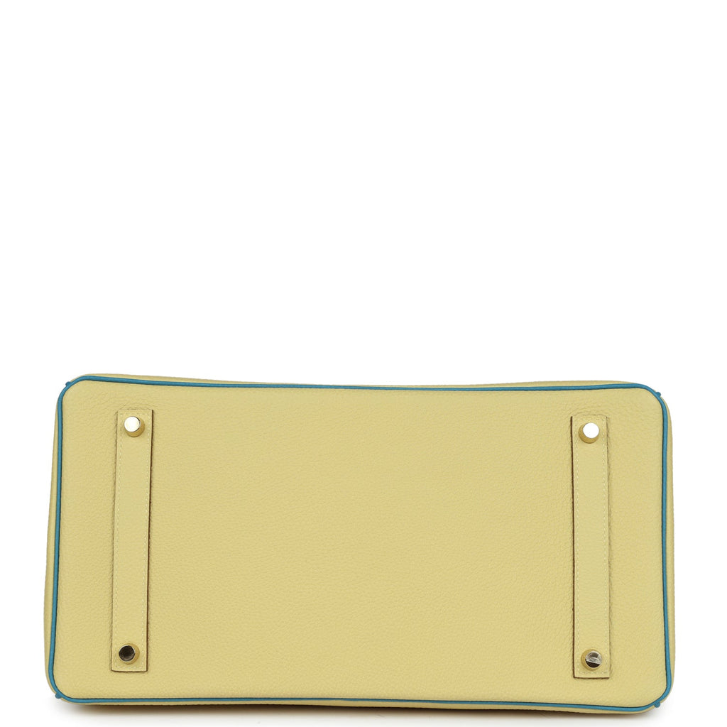 Pre-owned Hermes Special Order (HSS) Birkin 35 Jaune Poussin and Bleu Paradise Togo Brushed Gold Hardware - Image 7