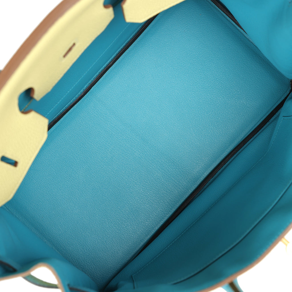 Pre-owned Hermes Special Order (HSS) Birkin 35 Jaune Poussin and Bleu Paradise Togo Brushed Gold Hardware - Image 9