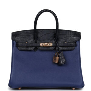 Hermes Birkin 25 Bleu Saphir Taurillion Novillo and Bleu Marine Matte Alligator Touch Rose Gold Hardware