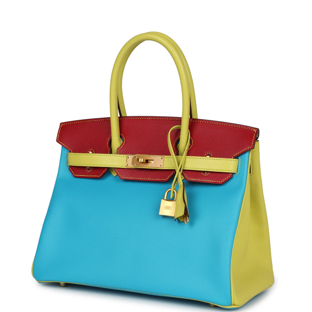 Hermes Special Order (HSS) Tri-color Birkin 30 Bleu Aztec, Soufre and Rouge Vif Chevre Brushed Gold Hardware - Image 6
