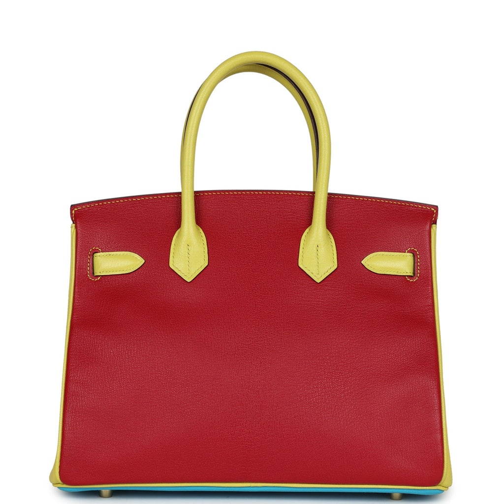 Hermes Special Order (HSS) Tri-color Birkin 30 Bleu Aztec, Soufre and Rouge Vif Chevre Brushed Gold Hardware - Image 5
