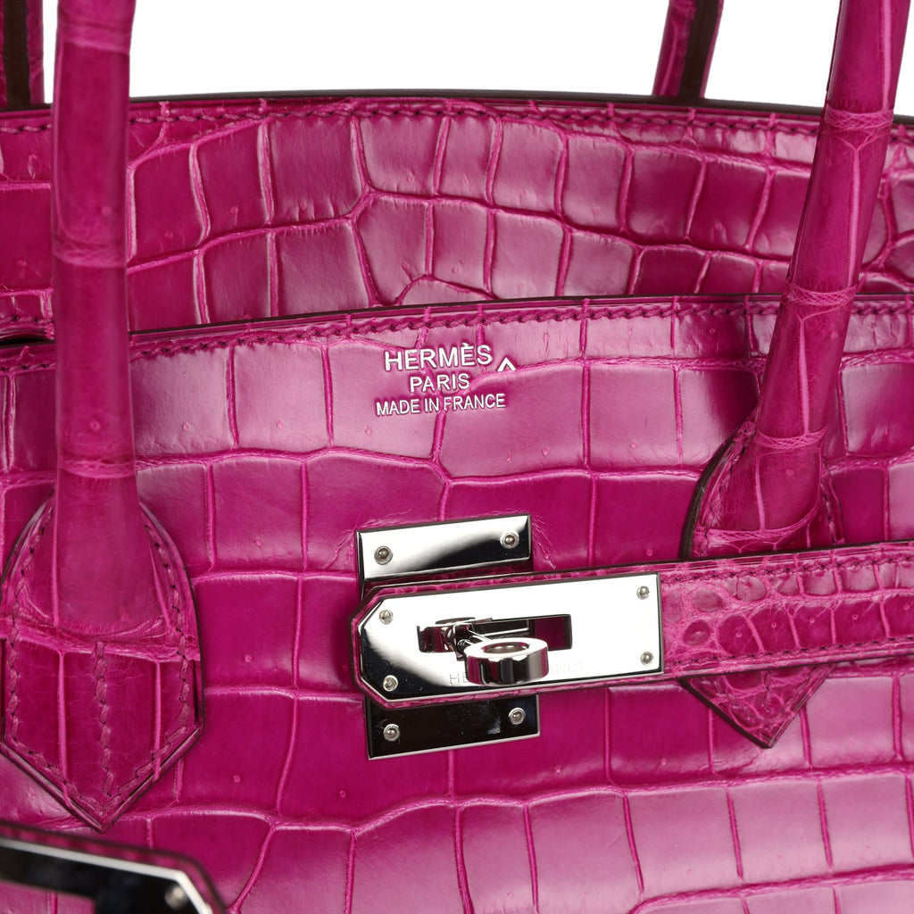 Pre-owned Hermes Birkin 35 Rose Sheherazade Shiny Porosus Crocodile Palladium Hardware - Image 8