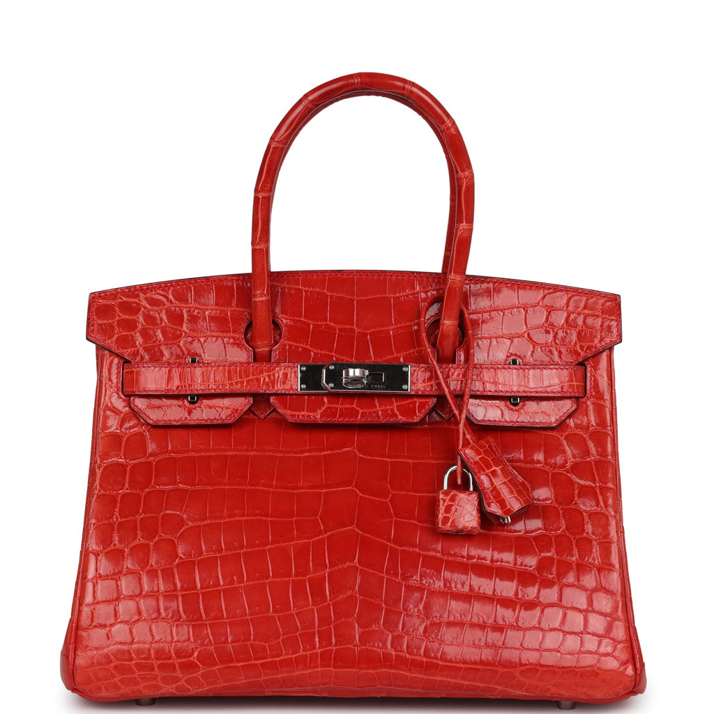 Pre-owned Hermes Birkin 30 Geranium Shiny Niloticus Crocodile Palladium Hardware