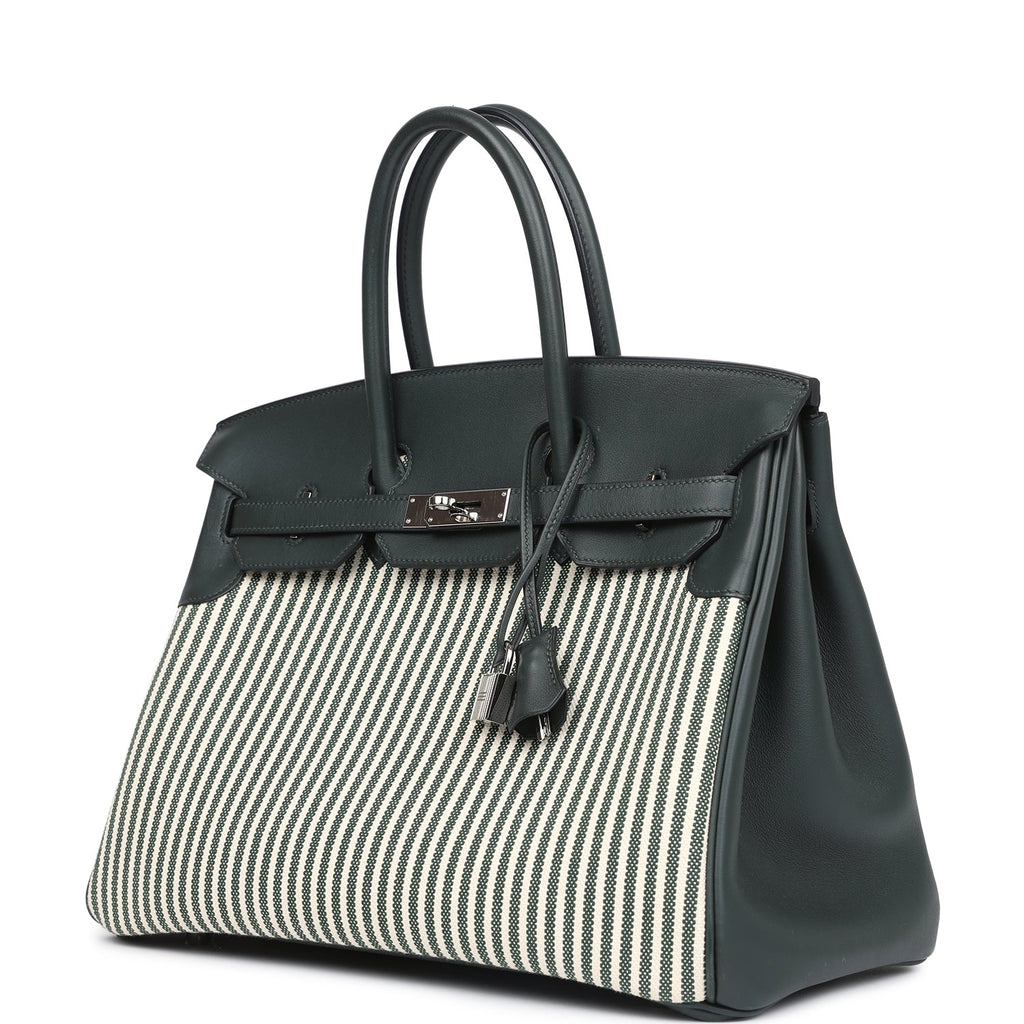 Pre-owned Hermes Birkin 35 Toile Riga and Vert Anglais Swift Palladium Hardware - Image 6