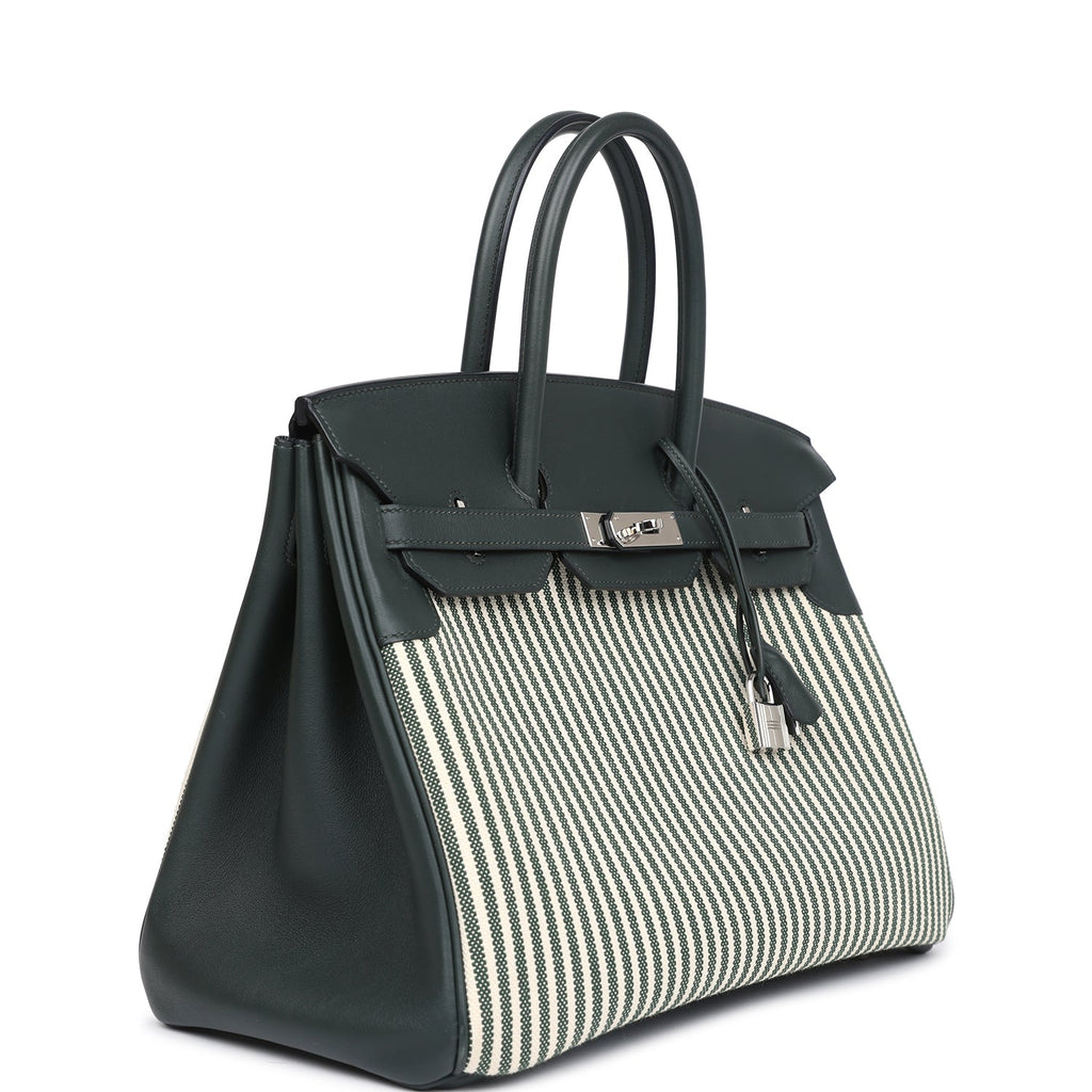 Pre-owned Hermes Birkin 35 Toile Riga and Vert Anglais Swift Palladium Hardware - Image 3