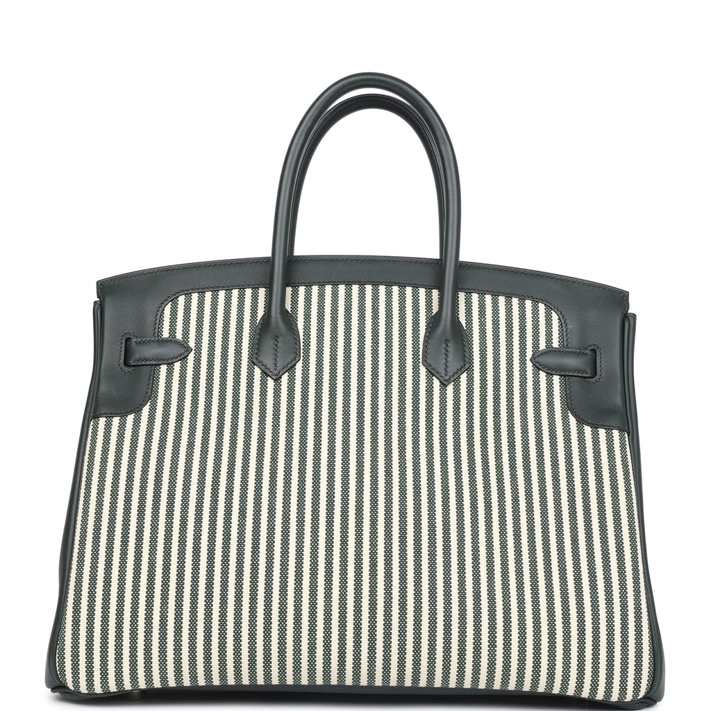 Pre-owned Hermes Birkin 35 Toile Riga and Vert Anglais Swift Palladium Hardware - Image 5