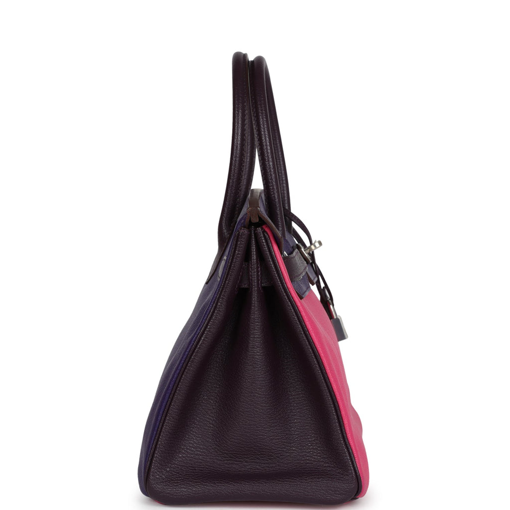 Pre-owned Hermes Special Order (HSS) Birkin 30 Tri-color Raisin, Ultraviolet and Rose Shocking Chevre Palladium Hardware - Image 4