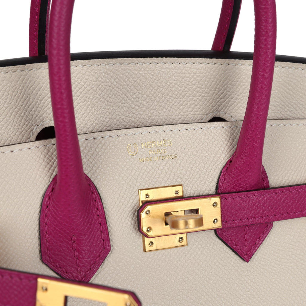 Hermes Special Order (HSS) Birkin 25 Craie and Rose Pourpre Epsom Brushed Gold Hardware - Image 8
