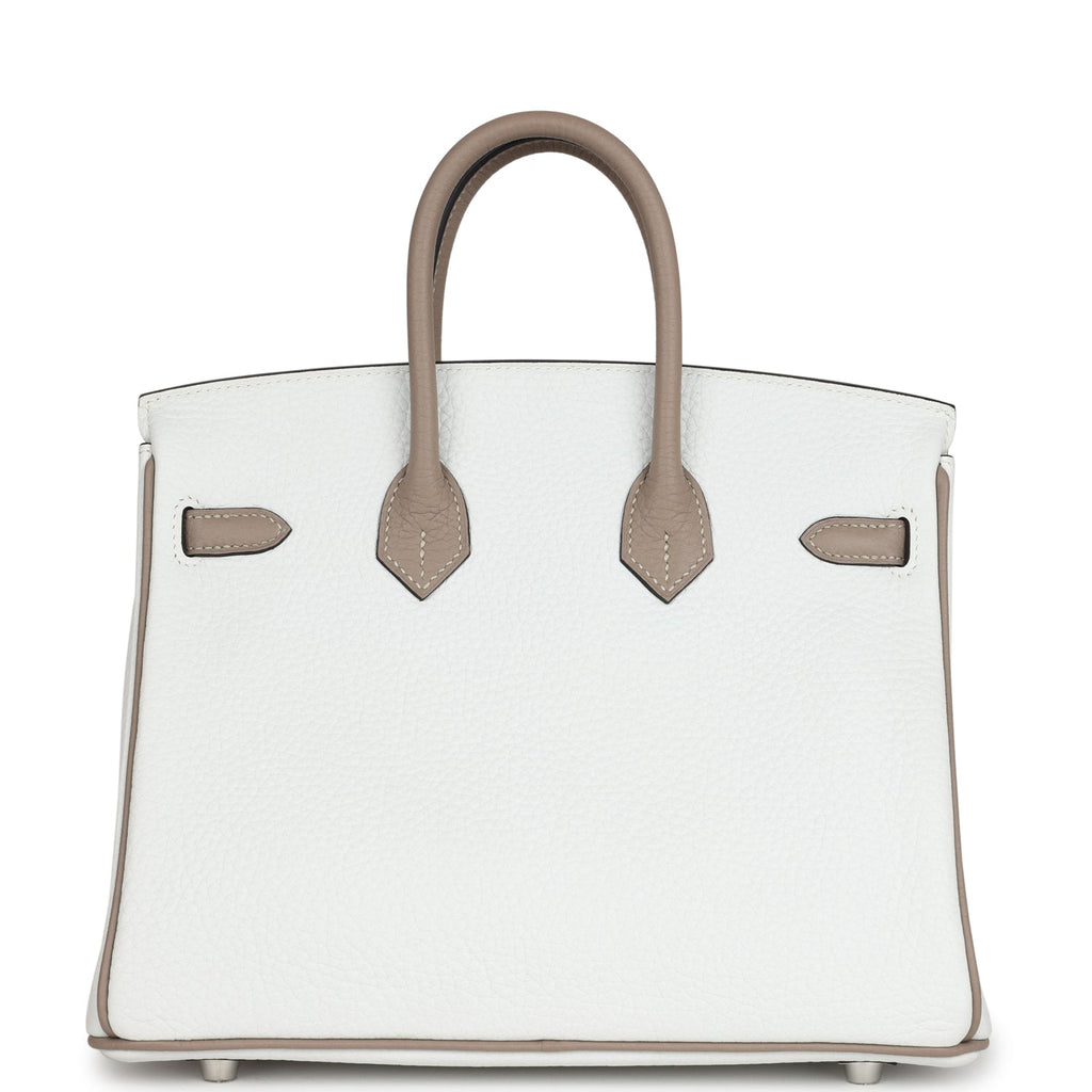Hermes Special Order (HSS) Birkin 25 White and Etoupe Clemence Brushed Palladium Hardware - Image 5