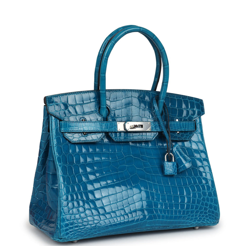 Pre-owned Hermes Birkin 30 Bleu Izmir Shiny Niloticus Crocodile Palladium Hardware - Image 3