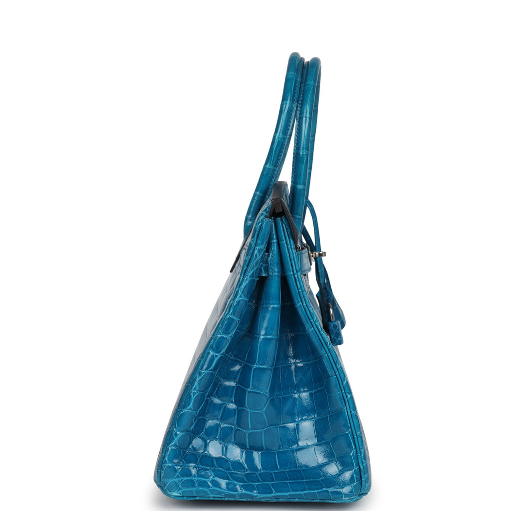 Pre-owned Hermes Birkin 30 Bleu Izmir Shiny Niloticus Crocodile Palladium Hardware - Image 4