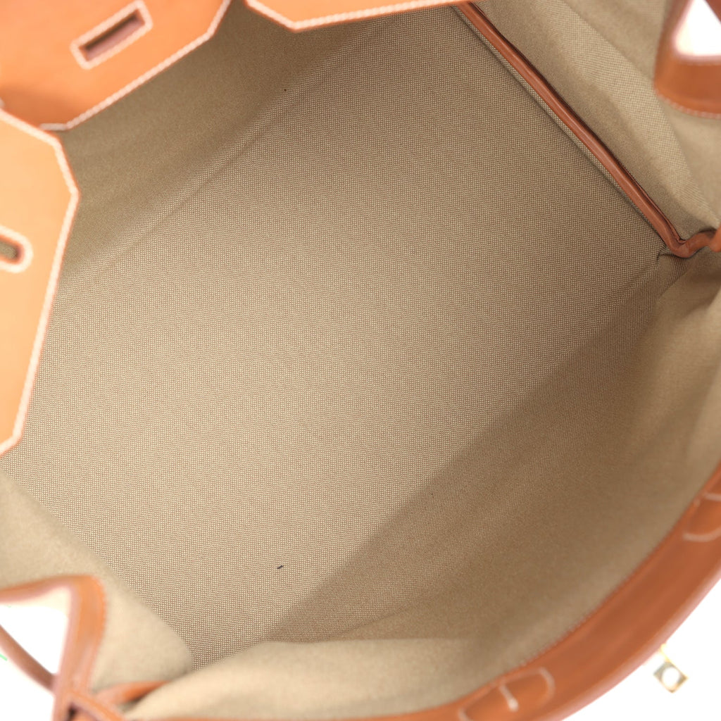 Pre-owned Hermes Birkin HAC 50 Flag Ficelle Toile H, Fauve Barenia and Bleu Toile H Canvas Gold Hardware - Image 9