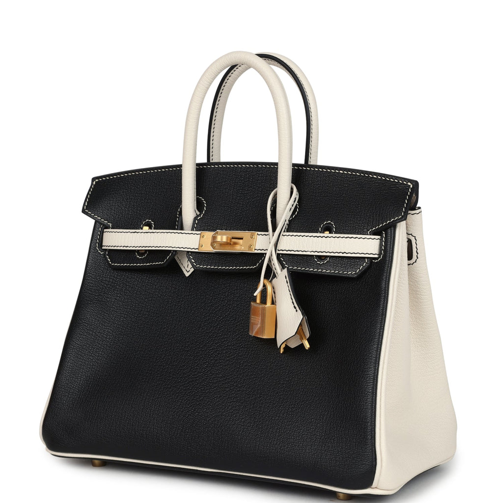 Hermes Special Order (HSS) Birkin 25 Bi-Color Black and Nata Chevre Mysore Brushed Gold Hardware - Image 6