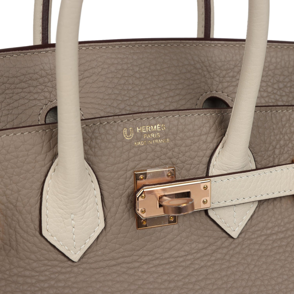 Hermes Special Order (HSS) Birkin 25 Gris Tourterelle and Craie Clemence Rose Gold Hardware - Image 8
