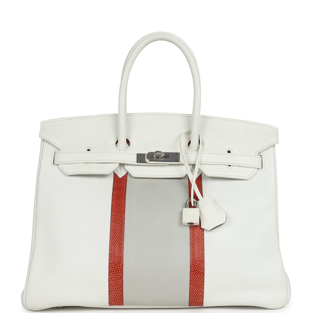 Pre-owned Hermes Birkin Club 35 White and Gris Perle Clemence and Sanguine Lizard Palladium Hardware