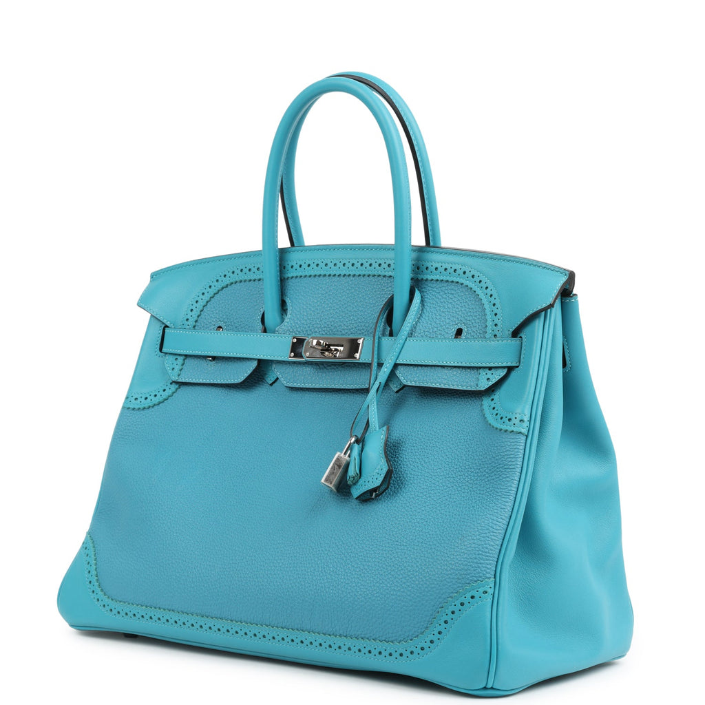Pre-owned Hermes Birkin 35 Ghillies Turquoise Togo and Swift Palladium Hardware - Image 6