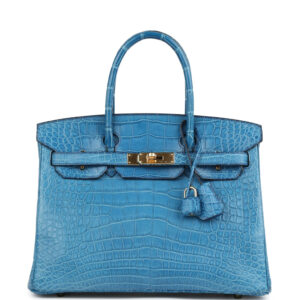 Pre-owned Hermes Birkin 30 Bleu Mykonos Matte Alligator Gold Hardware