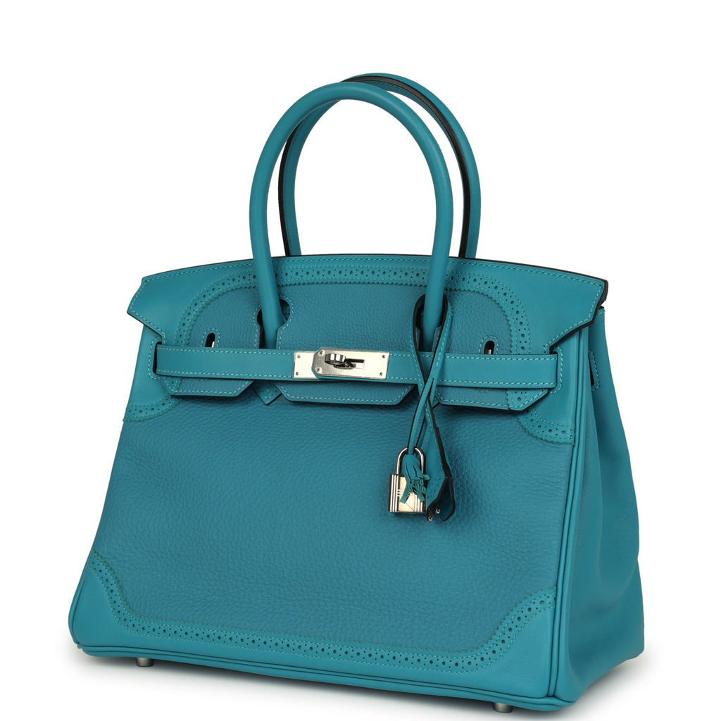 Pre-owned Hermes Birkin 30 Ghillies Turquoise Togo and Swift Palladium Hardware - Image 6
