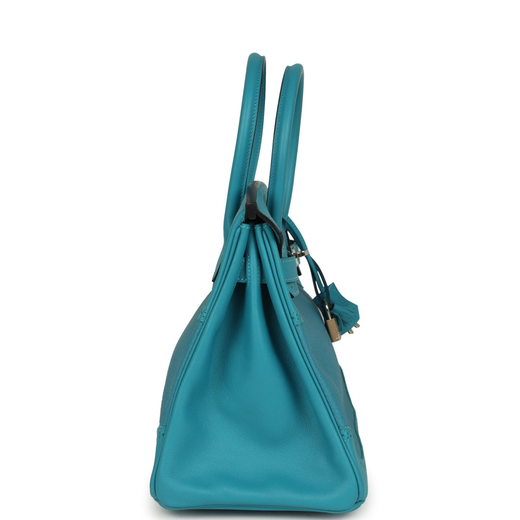 Pre-owned Hermes Birkin 30 Ghillies Turquoise Togo and Swift Palladium Hardware - Image 4