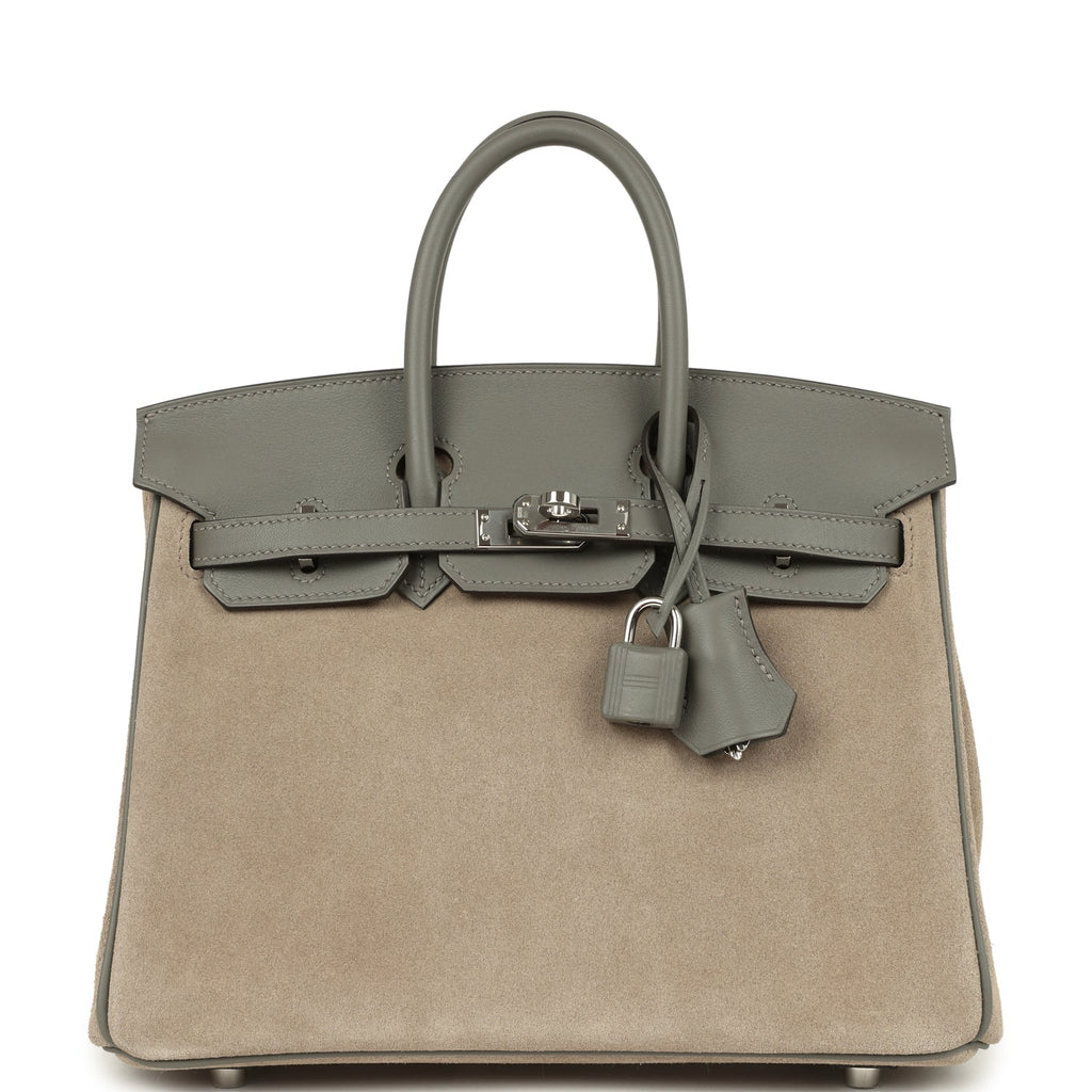 Pre-owned Hermes Birkin 25 Gris Caillou Grizzly and Gris Meyer Swift Palladium Hardware