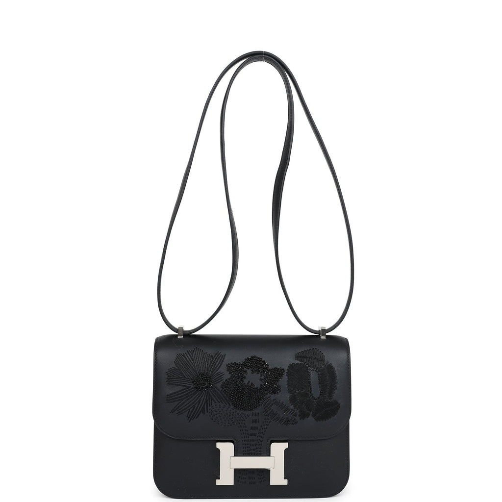 Hermes Constance 18 "Dancing Flowers" Black Embroidered Swift Palladium Hardware - Image 7