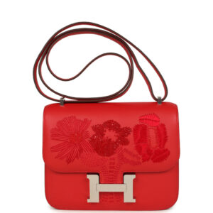 Hermes Constance 18 "Dancing Flowers" Rouge De Coeur Embroidered Swift Palladium Hardware