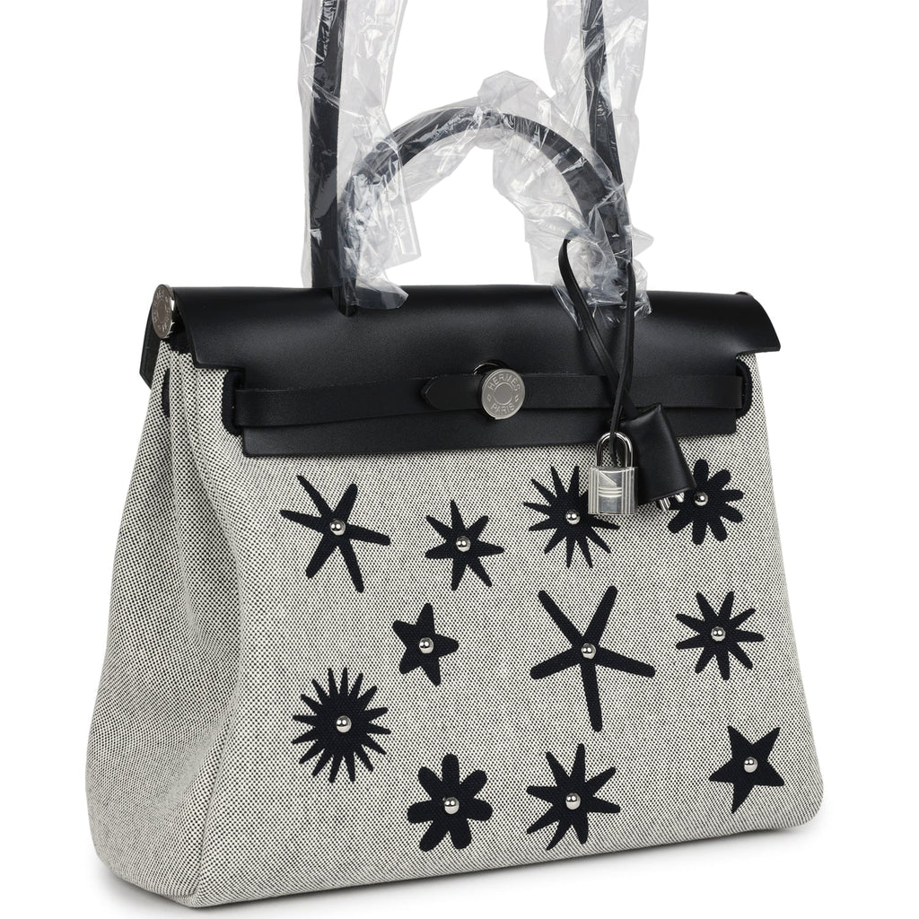 Hermes Herbag Zip 31 PM Hobnailed Black and Ecru Printed H Plume Canvas and Vache Hunter Palladium Hardware - Image 3