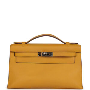 Pre-owned Hermes Kelly Pochette Jaune Ambre Swift Palladium Hardware