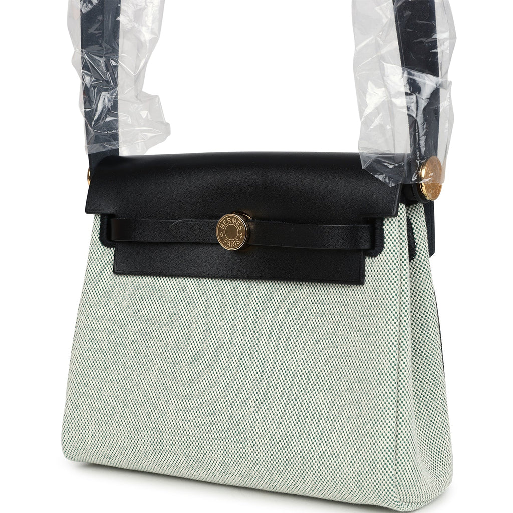 Hermes Herbag Zip 20 Mini Ecru and Vert Moyen Toile H Canvas and Black Vache Hunter Gold Hardware - Image 6