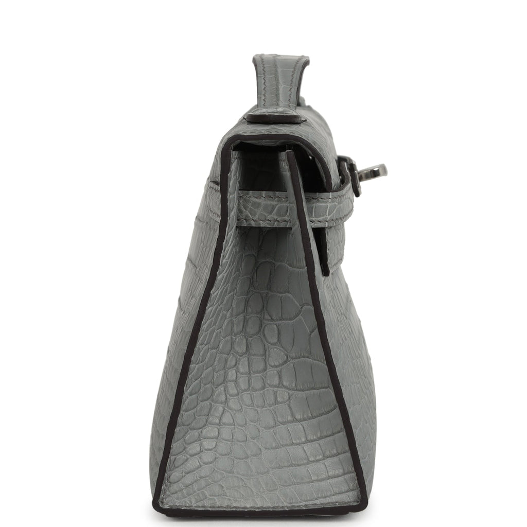 Hermes Kelly Pochette Gris Ciment Matte Alligator Palladium Hardware - Image 4
