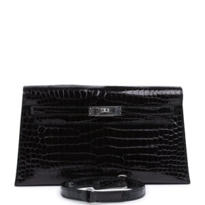 Hermes Kelly Elan Black Shiny Porosus Crocodile Palladium Hardware