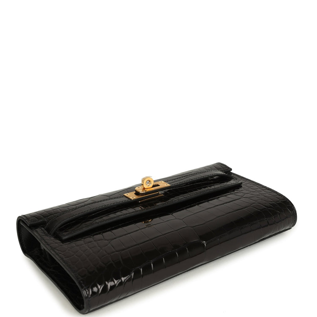 Pre-owned Hermes Kelly Wallet To Go Black Shiny Alligator Gold Hardware - Image 7