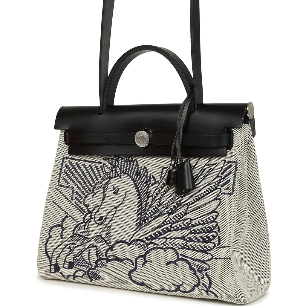 Pre-owned Hermes Herbag Zip Pegase Pop PM 31 Ecru Toile H Canvas and Black Hunter Palladium Hardware - Image 6