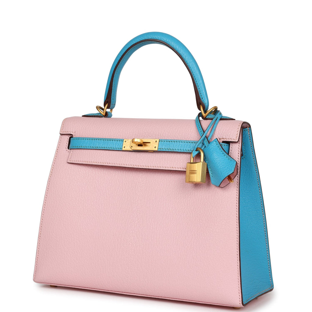 Hermes Special Order (HSS) Kelly Sellier 25 Rose Sakura and Bleu Aztec Chevre Brushed Gold Hardware - Image 4