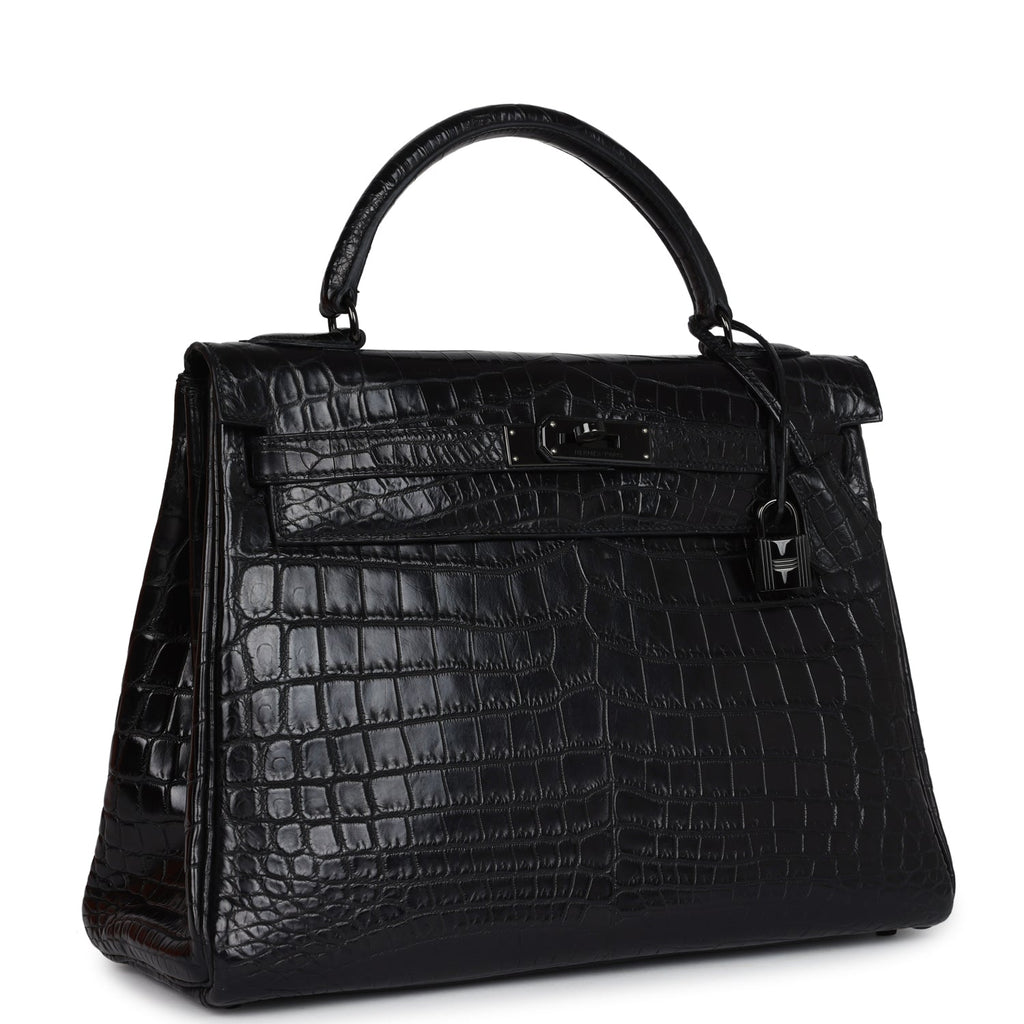 Pre-owned Hermes Kelly Retourne 32 SO Black Matte Niloticus Crocodile Black Hardware - Image 3