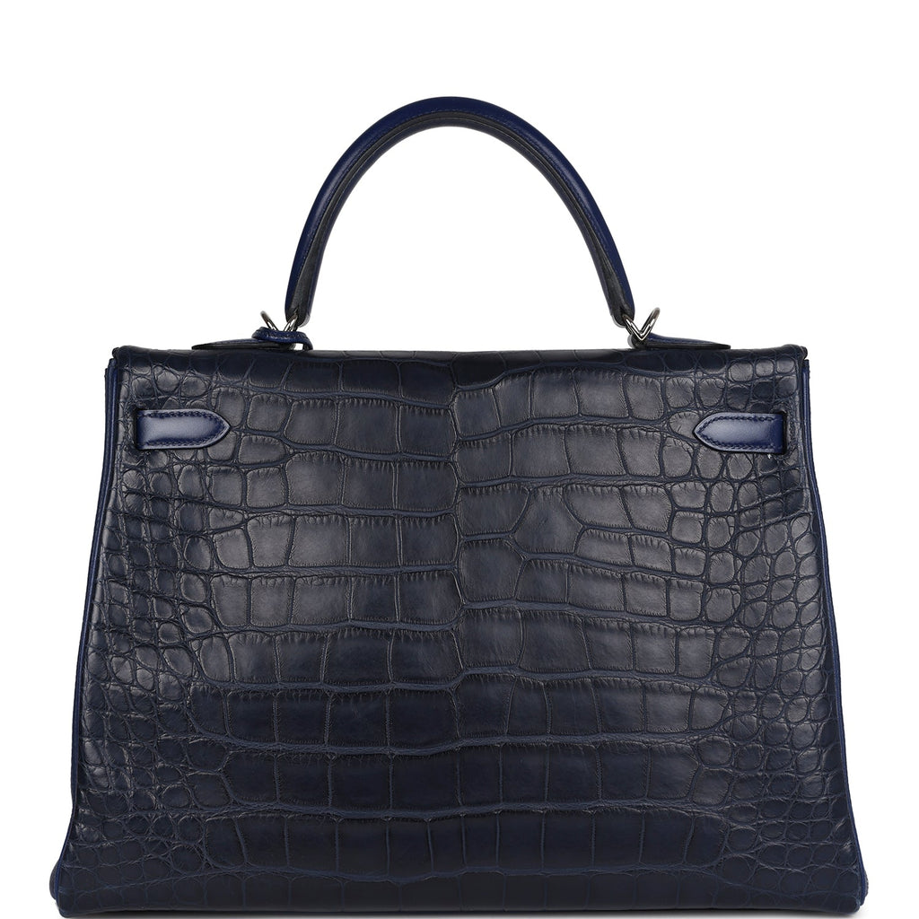 Pre-owned Hermes Kelly Retourne 35 Bleu Indigo Matte Alligator and Bleu Saphir Swift and Clemence Palladium Hardware - Image 5