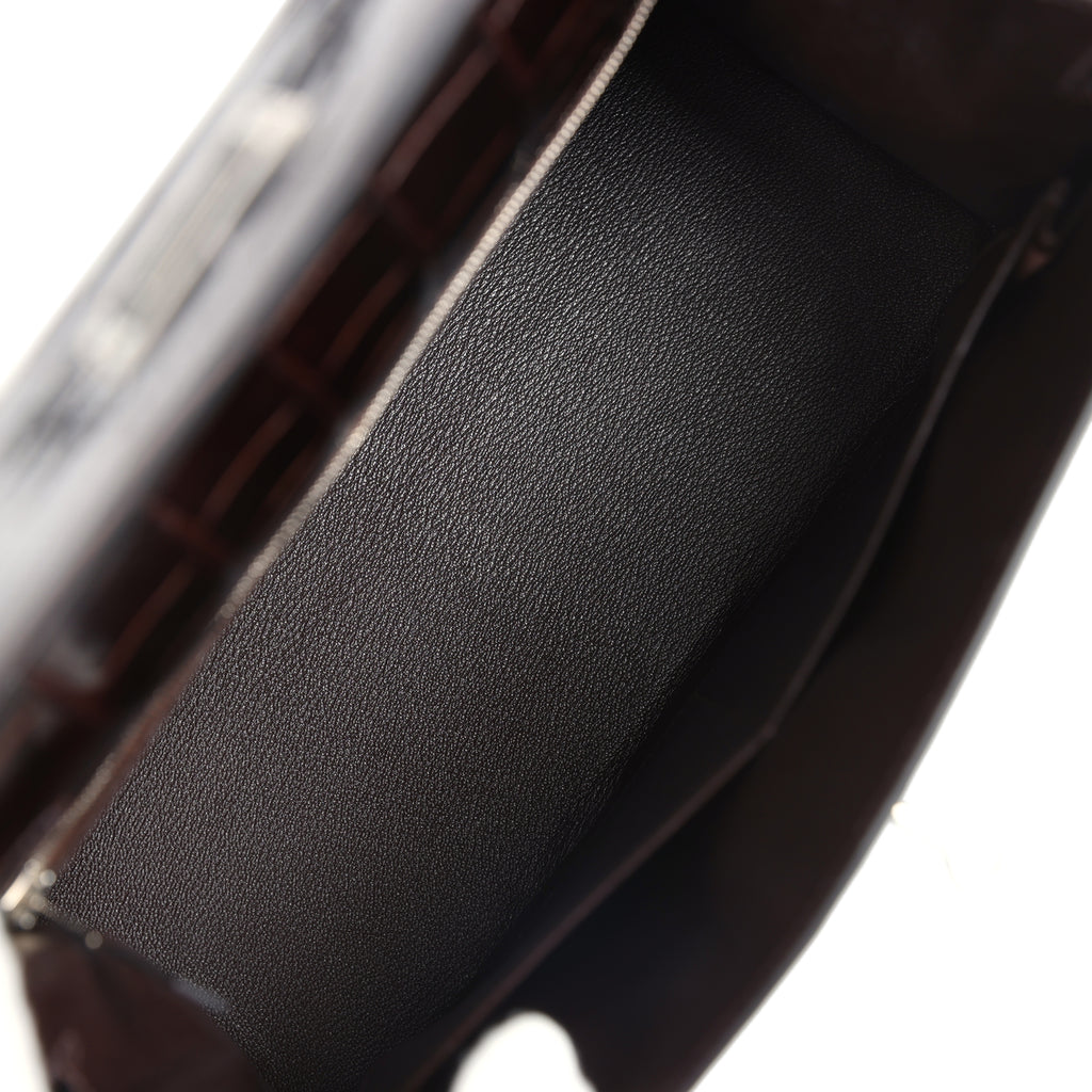 Vintage Hermes Kelly Sellier 28 Cocoan Shiny Niloticus Crocodile Palladium Hardware - Image 9